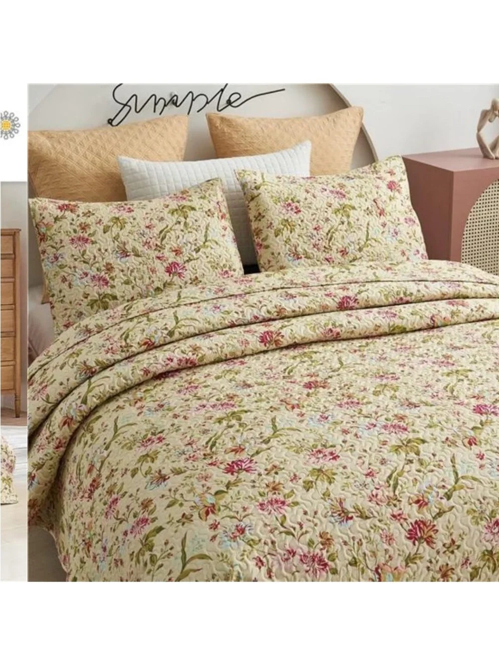 Floral Quilt Set King Size, Reversible Cotton Quilt Bedding Set